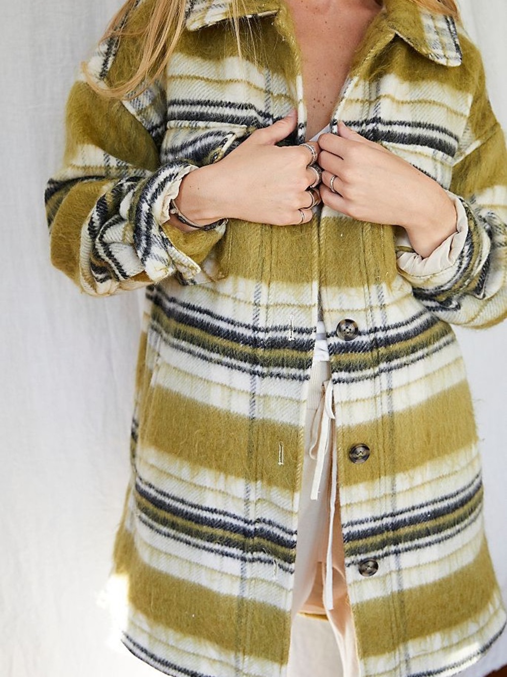 We the Free Vienna Shirt Jacket Plaid Shacket in Olive & Ivory - Picture 3 of 6